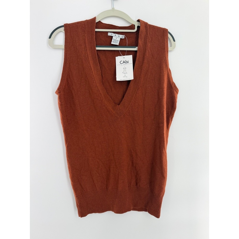 CAbi NWT Lambswool V-Neck Sweater Vest Size Small Rust Brown Fall Layering